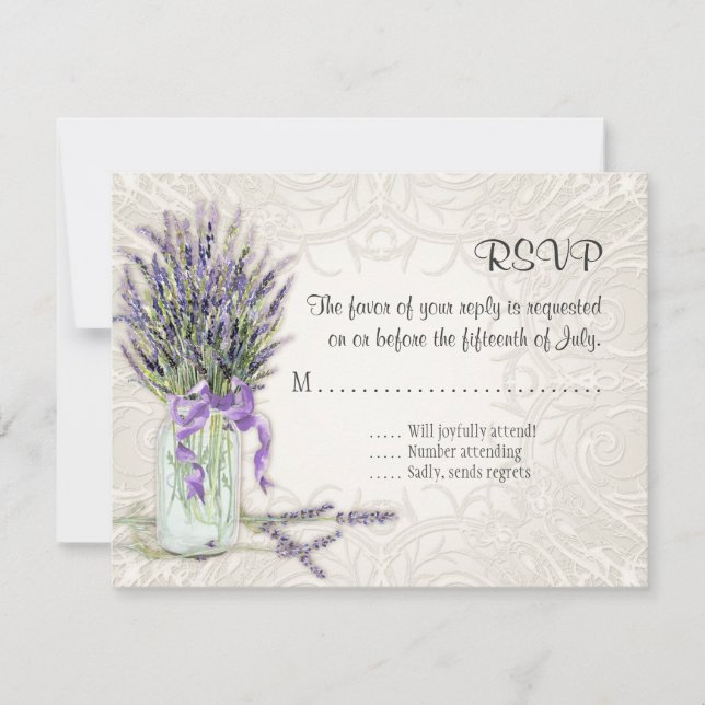 Rustic Country Mason Jar Lace n Lavender Floral RSVP Card (Front)