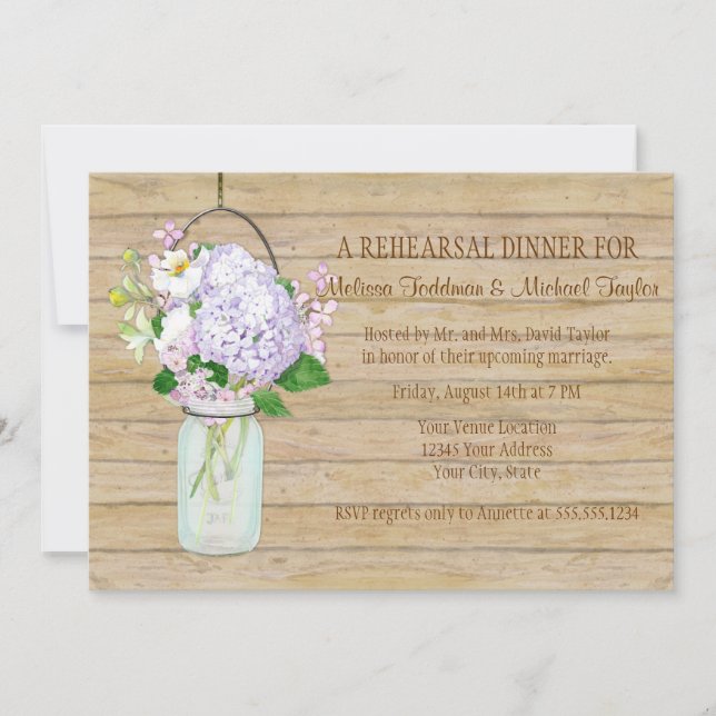 Rustic Country Mason Jar Lavender Floral Hydrangea Invitation (Front)