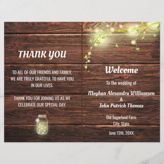 Rustic Country Mason Jar Lights Wedding Program (Front)