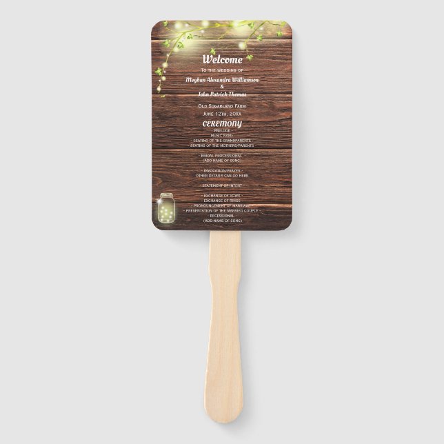 Rustic Country Mason Jar Lights Wedding Program Hand Fan (Front)