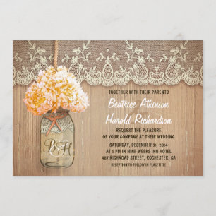 rustic country mason jar peach hydrangea wedding invitation