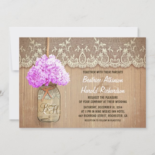 rustic country mason jar purple hydrangea wedding invitation (Front)