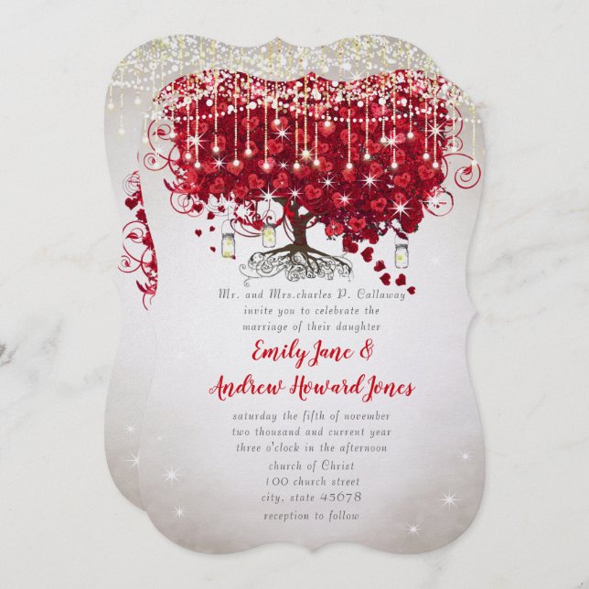 Rustic Country Mason Jar Red & Silver Tree Wedding Invitation (Front/Back)