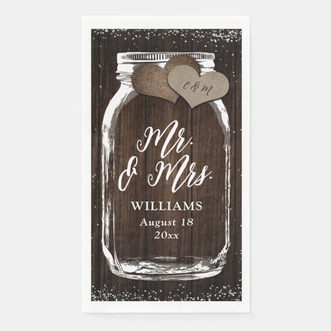 Rustic Country Mason Jar Wood Mr. & Mrs. Wedding Napkin (Front)