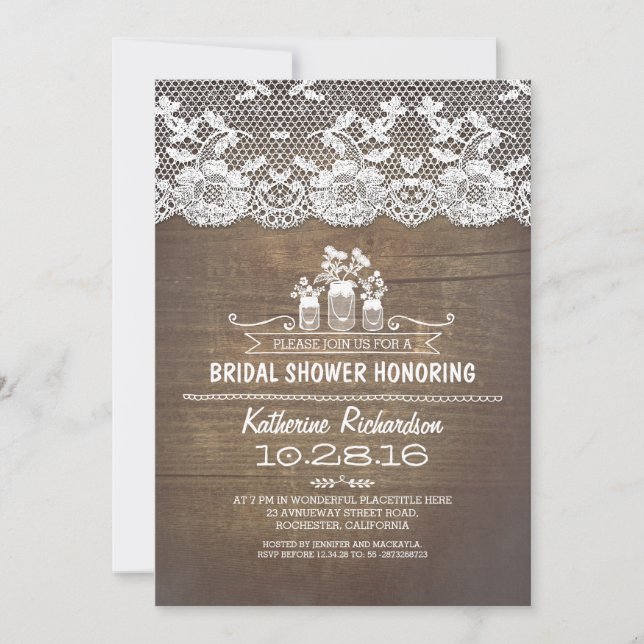 Rustic country mason jars lace bridal shower invitation (Front)