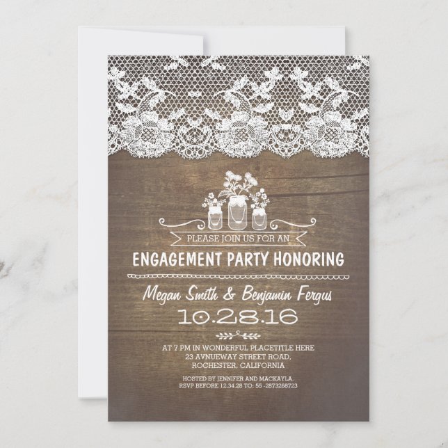 Rustic country mason jars lace engagement party invitation (Front)