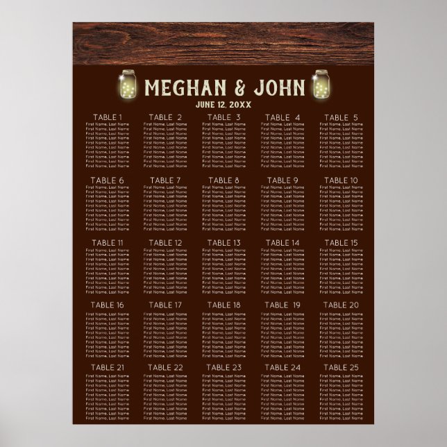 Rustic Country Mason Lights Wedding Seating Chart (Front)
