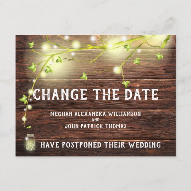 Rustic Country Mason String Lights Change The Date Postcard (Front)