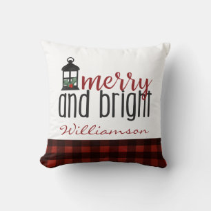 Rustic Country Merry and Bright Christmas Name  Cushion