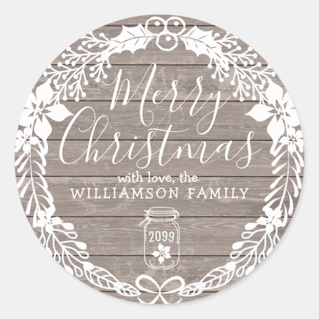 Rustic Country Merry Christmas White Holly Wreath Classic Round Sticker (Front)