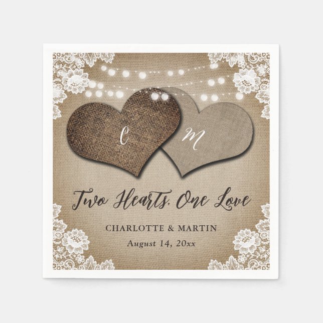 Rustic Country Monogram Burlap and Lace Wedding Napkin (Front)