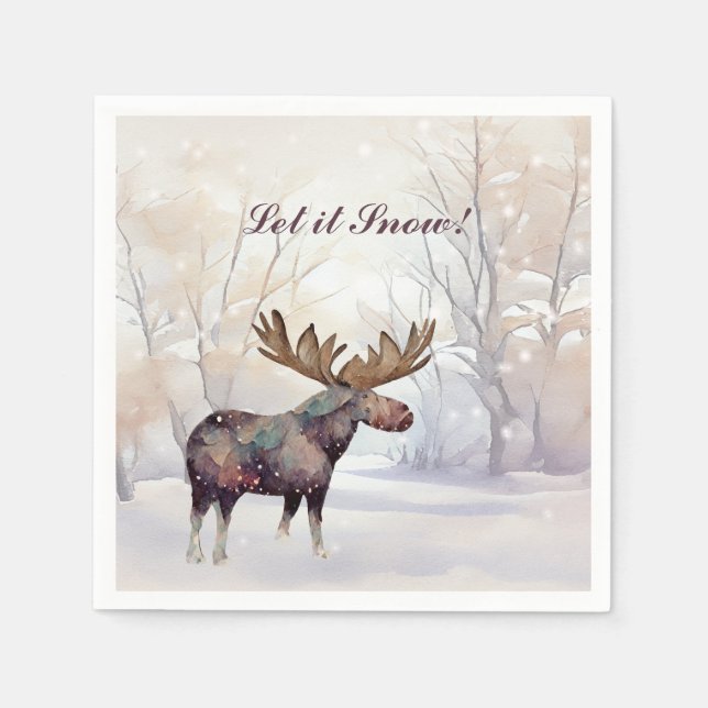Rustic Country Moose in a Snowy Woods Christmas Napkin (Front)