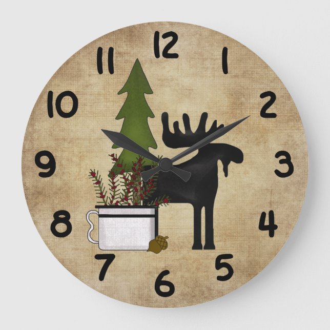 Rustic Country Mountain Silhouette Moose Large Clock (Front)