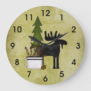 Rustic Country Mountain Silhouette Moose Large Clock