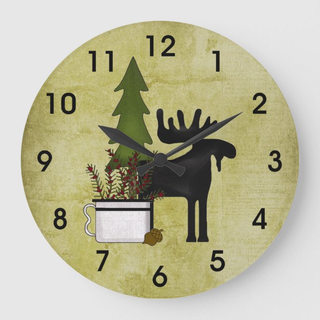 Rustic Country Mountain Silhouette Moose Large Clock (Front)