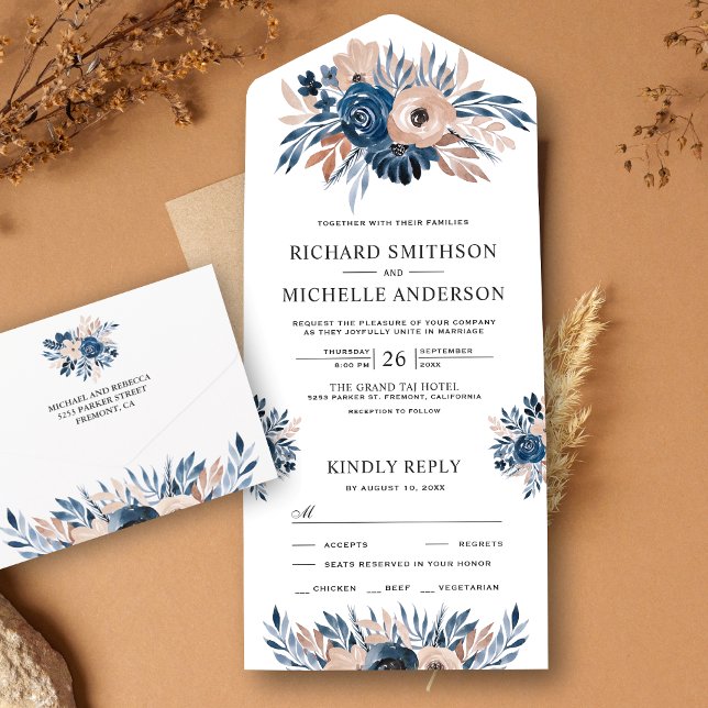 Rustic Country Navy Blue and Beige Floral Wedding All In One Invitation (Creator Uploaded)