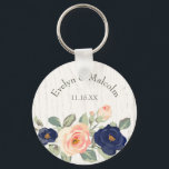 Rustic Country Navy Blue and Peach Floral Key Ring<br><div class="desc">Personalise this keychain with your own names or information to create special wedding favours for your rustic country wedding or a special personalised gift with a pretty floral theme. Features a light coloured, white woodgrain background and floral accents in navy blue and soft peach or blush pink depicting peonies and...</div>