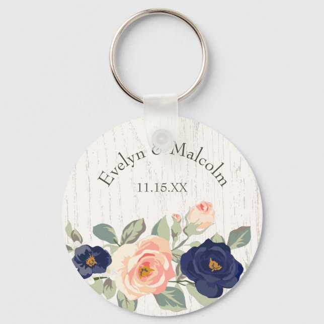 Rustic Country Navy Blue and Peach Floral Key Ring (Front)