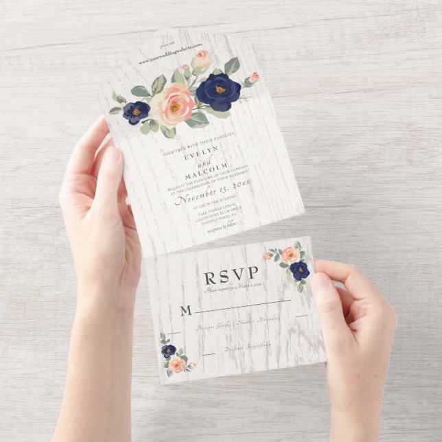 Rustic Country Navy Blue and Peach Floral Wedding All In One Invitation (Tearaway)