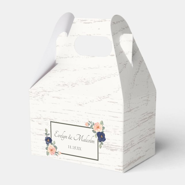 Rustic Country Navy Blue and Peach Floral Wedding Favour Box (Front Side)