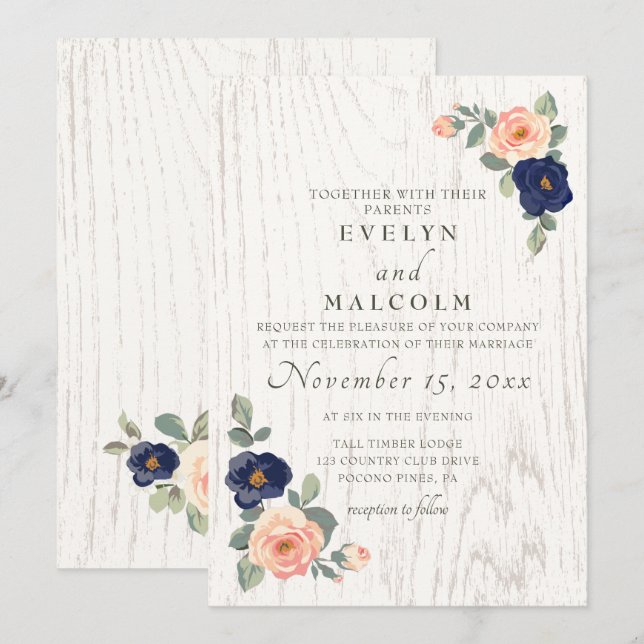 Rustic Country Navy Blue and Peach Floral Wedding Invitation (Front/Back)