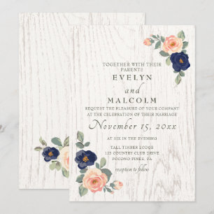 Rustic Country Navy Blue and Peach Floral Wedding Invitation