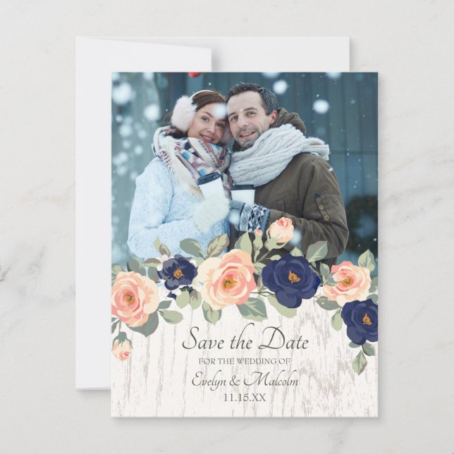 Rustic Country Navy Blue and Peach Floral Wedding Invitation (Front)
