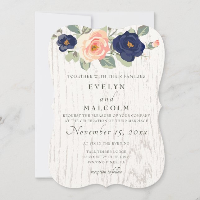 Rustic Country Navy Blue and Peach Floral Wedding Invitation (Front)