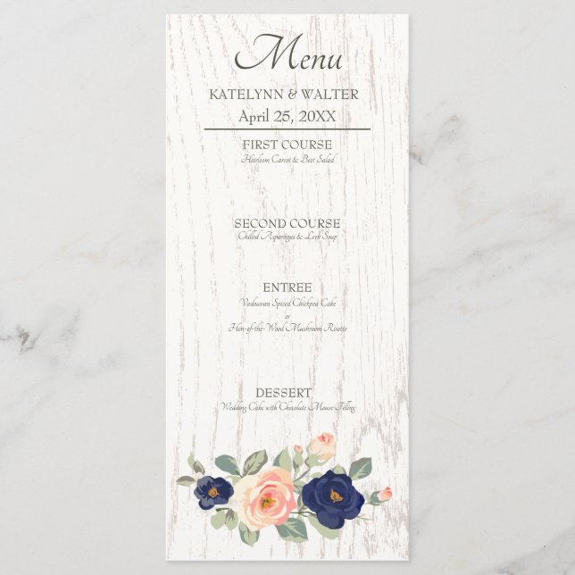 Rustic Country Navy Blue and Peach Floral Wedding Menu (Front)