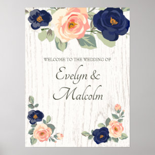 Rustic Country Navy Blue and Peach Floral Wedding Poster