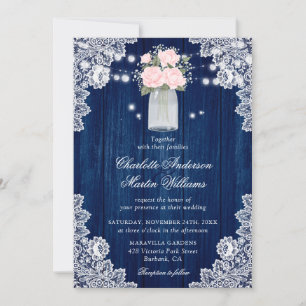 Rustic Country Navy Blue Blush Wood Lace Wedding Invitation