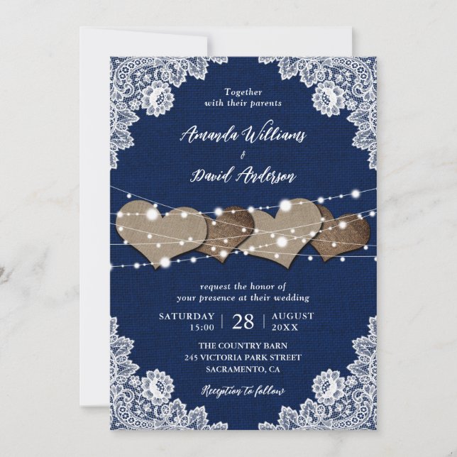 Rustic Country Navy Blue Burlap Lace Wedding Invitation (Front)