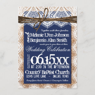 Rustic Country Navy Blue Burlap Wedding Invitation