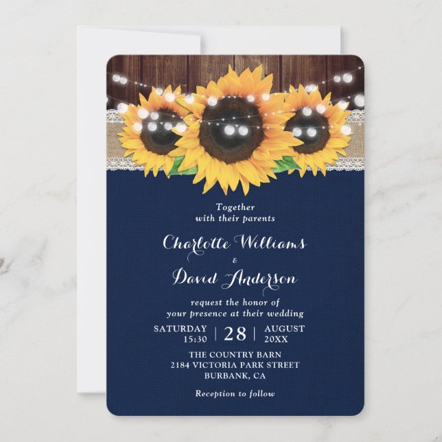 Rustic Country Navy Blue Sunflower Barn Wedding Invitation (Front)