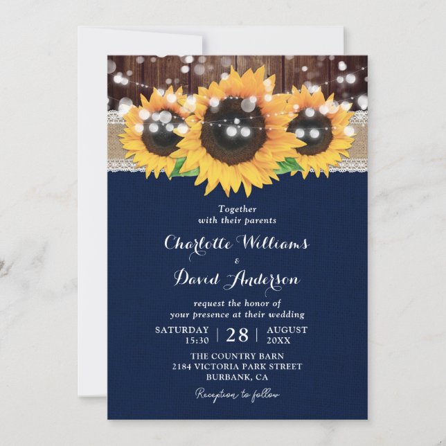 Rustic Country Navy Blue Sunflower Barn Wedding Invitation (Front)