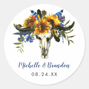 Rustic Country Navy Blue Sunflower Boho Classic Round Sticker