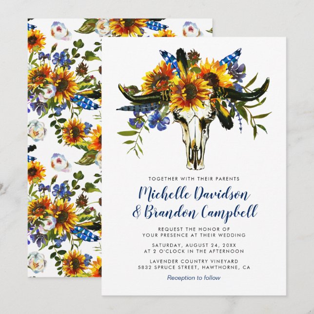 Rustic Country Navy Blue Sunflower Boho Wedding Invitation (Front/Back)