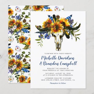 Rustic Country Navy Blue Sunflower Boho Wedding Invitation
