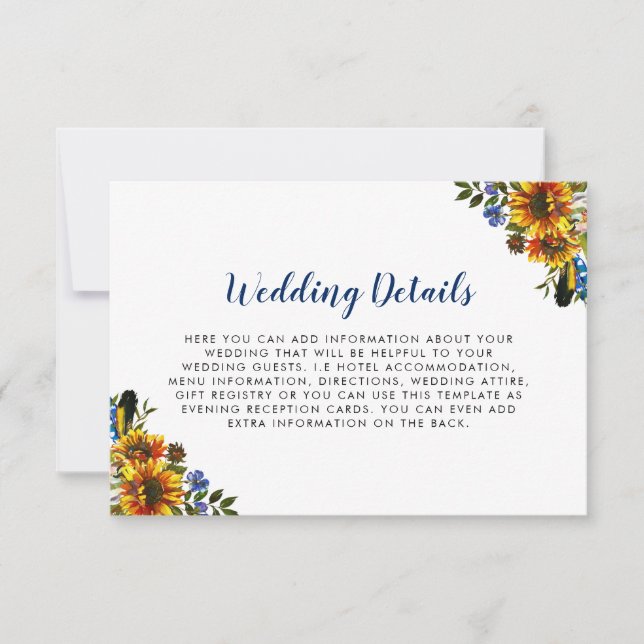 Rustic Country Navy Blue Sunflower Wedding Details Invitation (Front)