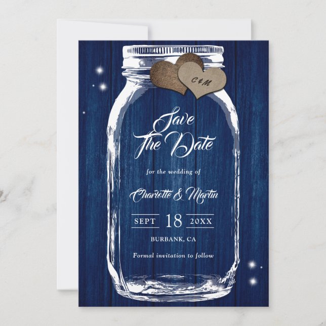 Rustic Country Navy Blue Wood Mason Jar Wedding Save The Date (Front)