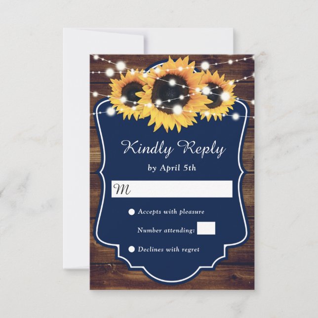 Rustic Country Navy Blue Wood Sunflower Wedding RSVP Card (Front)