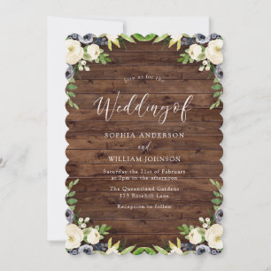 Rustic Country Navy & White Floral Wreath Wedding Invitation
