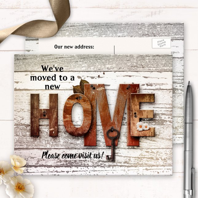 Rustic Country New Home Moving Postcard (Relocation or new home announcement postcard showing a rustic country design with home letters + key)
