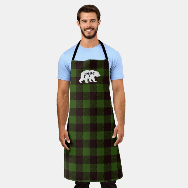 Rustic Country Papa Bear Green & Black Plaid Apron (Worn)