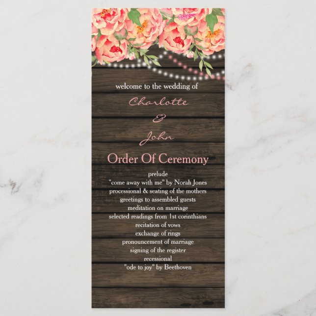 Rustic Country Peony Barn Wood Wedding Programme (Front)