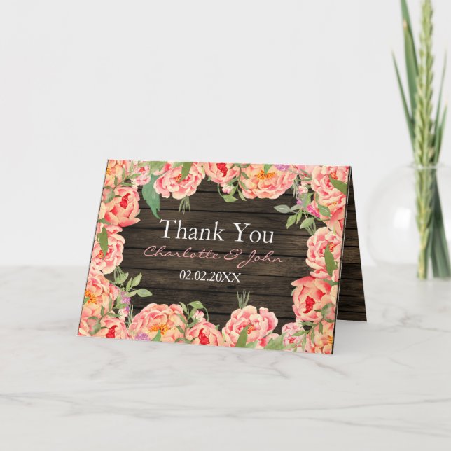 Rustic Country Peony Barn Wood Wedding Thank You Card (Front)
