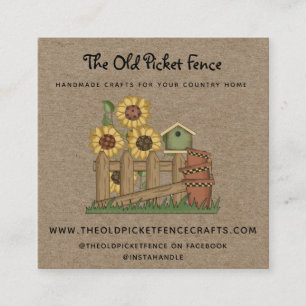 Rustic Country Picket Fence Sunflowers Kraft  Square Business Card