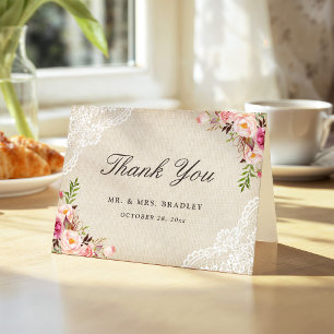 Rustic Country Pink Floral Burlap Lace Thank You