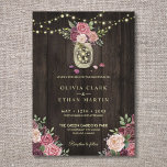 Rustic Country Pink Floral Mason Jars Dark Wood Invitation<br><div class="desc">A beautiful rustic wedding invitation with pink watercolor roses, a mason jar and string lights on a rich dark wood background. The card reverses to a small floral bouquet in the centre. You can customise the font any way you like or add your own special message. This invitation is part...</div>