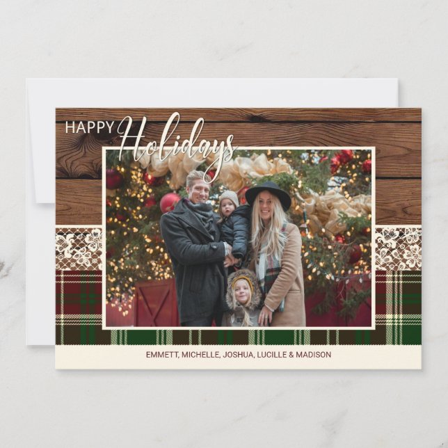Rustic Country Plaid Christmas Family Photo Holiday Card (Front)